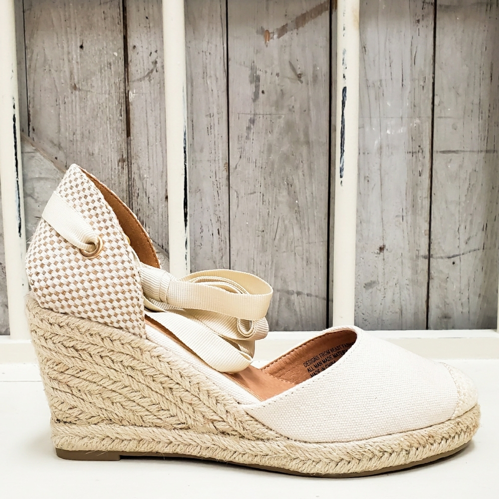 Lace Up Espadrille Wedge- Cream